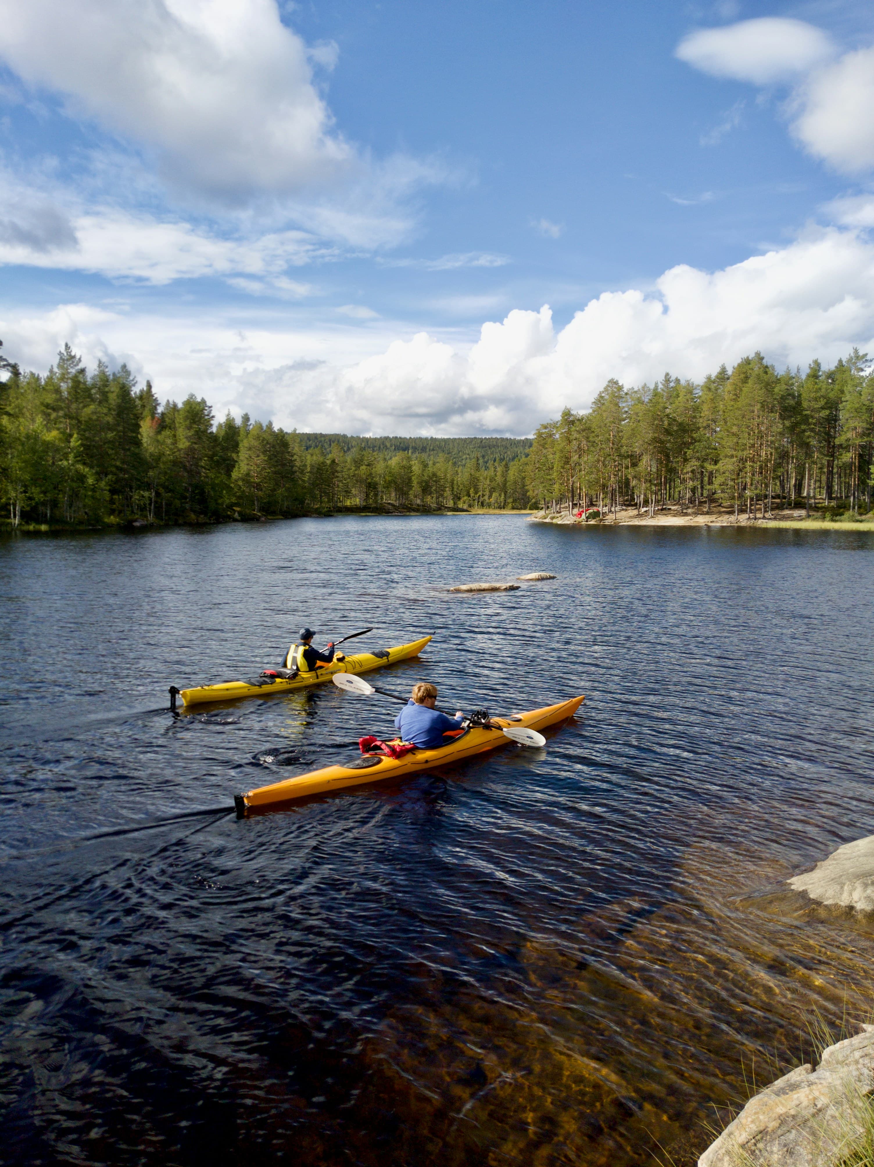 Scenic view of a kayak on a Swedish lake surrounded by nature.