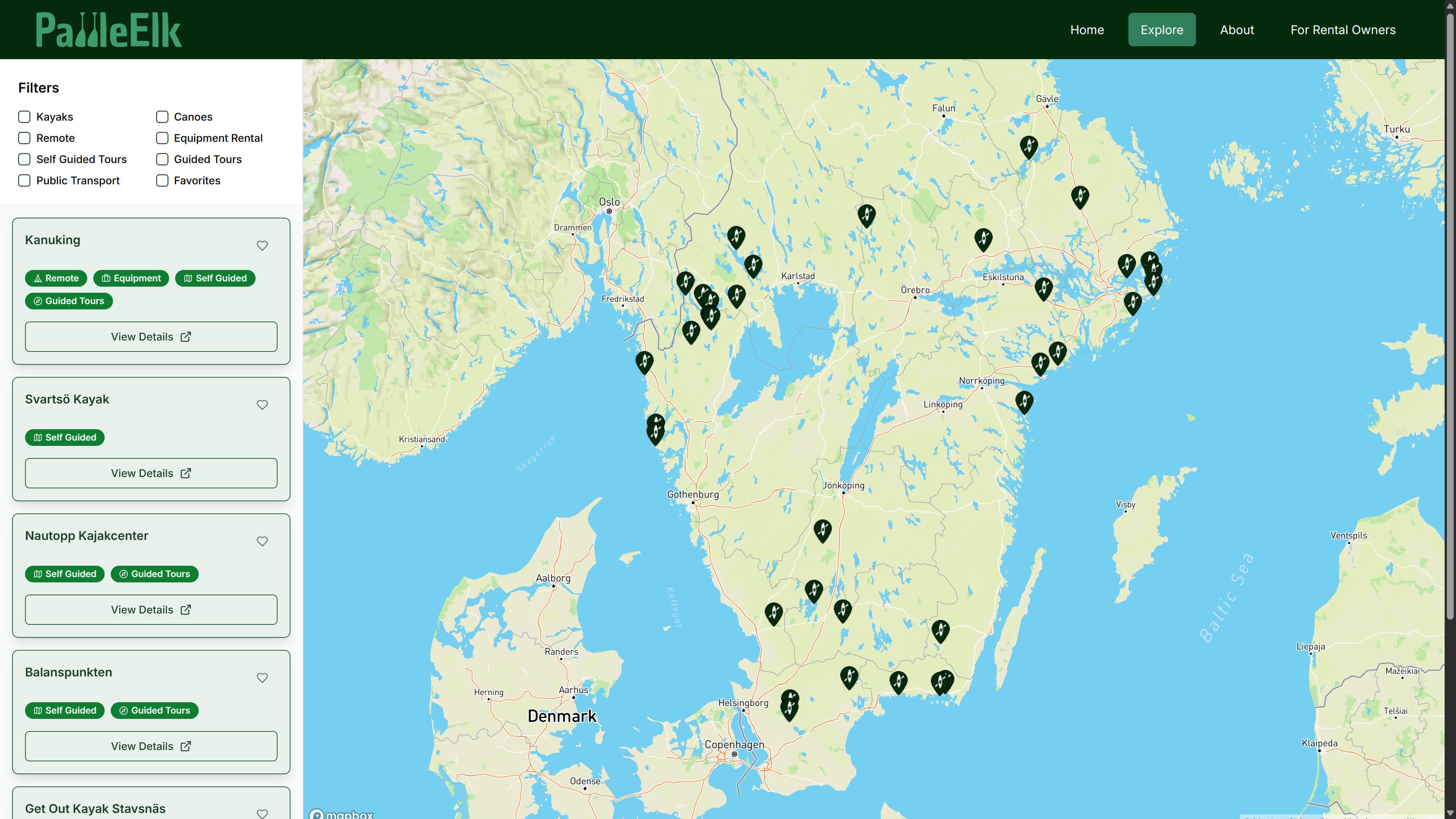Screenshot of PaddleElk’s interactive map showing kayak and canoe rental locations in Sweden.